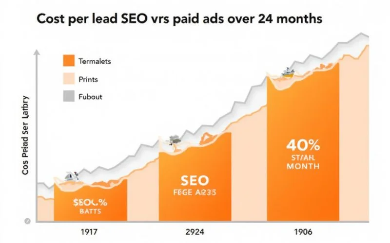 Cost per lead comparison showing SEO declining over 24 months while ads remain constant