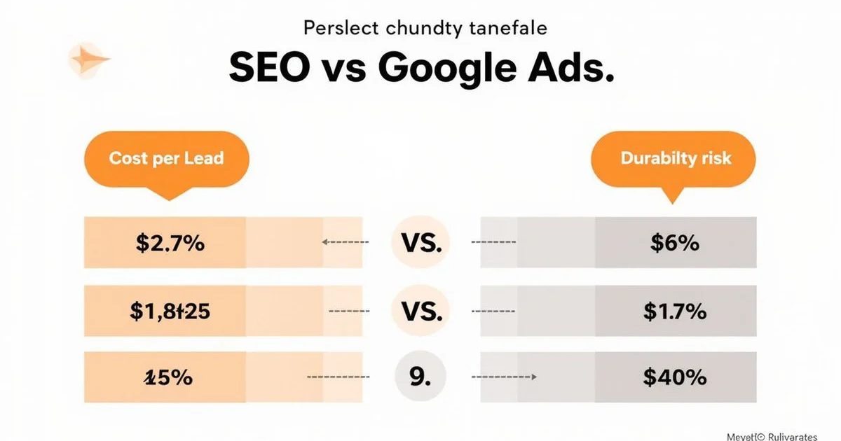 Side-by-side comparison chart of SEO and Google Ads showing cost per lead, durability, and risk