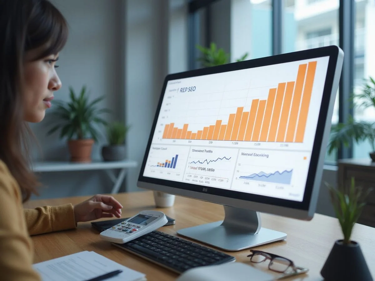 Dashboard mockup showing organic traffic and revenue growth from SEO